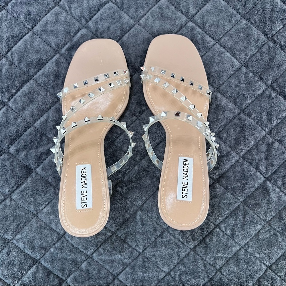 Steve Madden Nude Clear Studded Block Heel Sandals - Picture 8 of 10